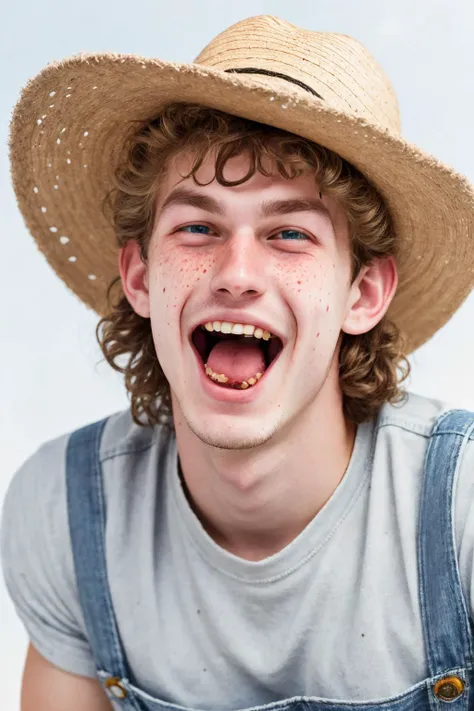 close-up photo portrait of a 20 yo european man, blond short curly hair, blue eyes, laughing face expression, freckles, denim overall, t-shirt, straw hat, farmer, simple background