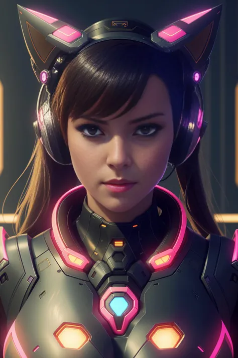 symmetry portrait of dva from overwatch, closeup, sci - fi, tech wear, glowing lights intricate, elegant, highly detailed, digital painting, artstation, concept art, smooth, sharp focus, illustration, art by artgerm and greg rutkowski and alphonse mucha