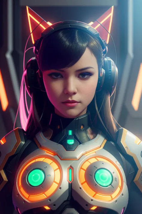 symmetry portrait of dva from overwatch, closeup, sci - fi, tech wear, glowing lights intricate, elegant, highly detailed, digital painting, artstation, concept art, smooth, sharp focus, illustration, art by artgerm and greg rutkowski and alphonse mucha