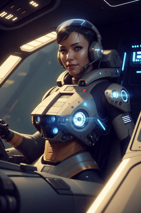 cyborg pilot women, interior cockpit, hyperdetailed, by john blanche, pop comic, happy, film photography, breathtaking, rim lighting, subsurface scattering, specular lighting, cinematic lighting, flat colors, artstation, sci-fi, painting, (8k uhd:1.1), (cgsociety:1.1)