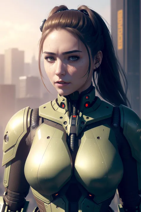 realistic photo of ((woman in a hulking hydraulic biomechanical exoskeleton armored robot)), (detailed face), sunset, sweaty, grime, post-apocalyptic, long hair, cyberpunk, (modelshoot style), nsfw, eliol69, film photography, breathtaking, rim lighting, subsurface scattering, specular lighting, cinematic lighting, flat colors, artstation, sci-fi, painting, (8k uhd:1.1), (cgsociety:1.1)