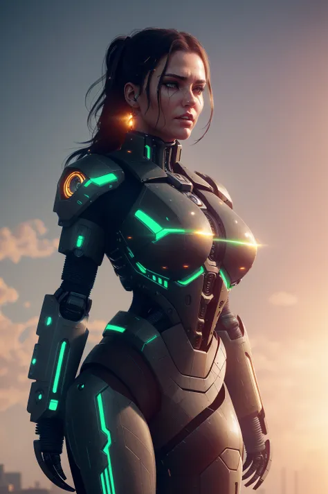 realistic photo of ((woman in a hulking hydraulic biomechanical exoskeleton armored robot)), (detailed face), sunset, sweaty, grime, post-apocalyptic, long hair, cyberpunk, (modelshoot style), nsfw, catastanna20, film photography, breathtaking, rim lighting, subsurface scattering, specular lighting, cinematic lighting, flat colors, artstation, sci-fi, painting, (8k uhd:1.1), (cgsociety:1.1)