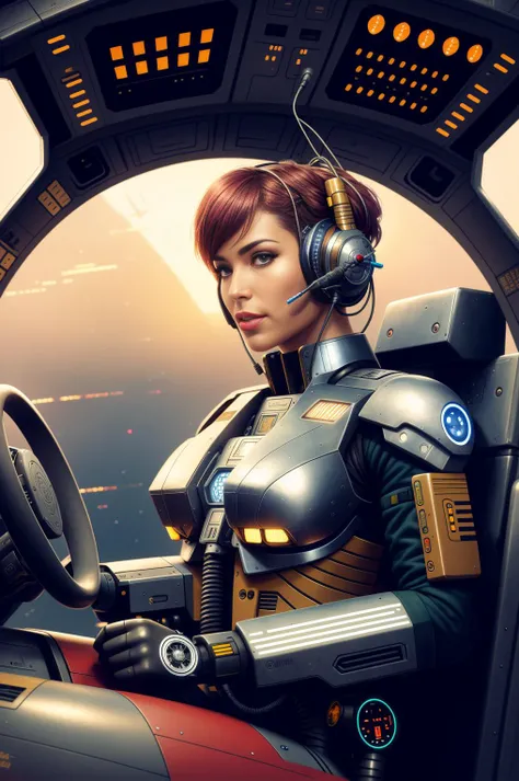 cyborg pilot wired to commands, detailed maximalist interior cockpit, hyperdetailed, by john blanche