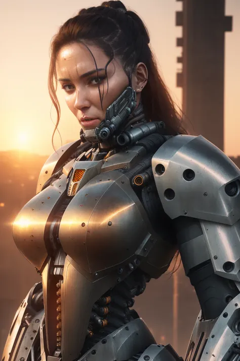 realistic photo of ((woman in a hulking hydraulic biomechanical exoskeleton armored robot)), (detailed face), sunset, sweaty, grime, post-apocalyptic, long hair, cyberpunk, (modelshoot style), nsfw