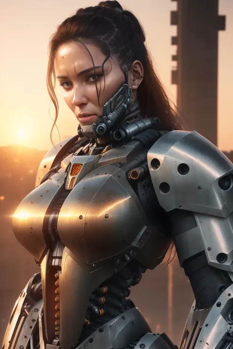 realistic photo of ((woman in a hulking hydraulic biomechanical exoskeleton armored robot)), (detailed face), sunset, sweaty, grime, post-apocalyptic, long hair, cyberpunk, (modelshoot style), nsfw