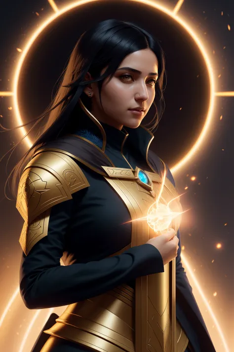 portrait of a middle - eastern female cleric with straight black hair wearing blue and yellow vestments casting fireball, fantasy, highly detailed, digital painting, artstation, concept art, character art, art by greg rutkowski and tyler jacobson and alphonse mucha, film photography, breathtaking, rim lighting, subsurface scattering, specular lighting, cinematic lighting, flat colors, artstation, sci-fi, painting, (8k uhd:1.1), (cgsociety:1.1)