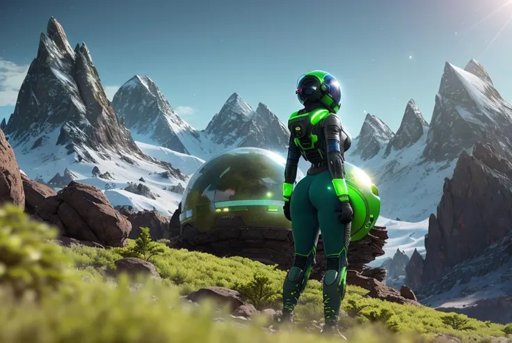 alien planet landscape, futuristic research facility, snow mountain in background, green alien vegetation, rocky mountainous environment, extremely realistic highly detailed wide angle shot, canon 5d, rear angle shot of a beautiful female scientist wearing a cybernetic space suit and a helmet, athletic body, big ass, tight clothes