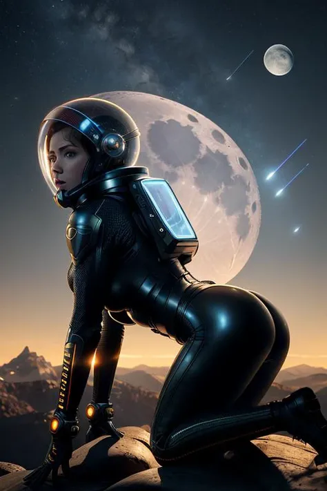 Highly detailed RAW color Photo,Rear Angle, Full Body, female space ninja, wearing tight full body latex suit and a futuristic space helmet, bending over a rock, outdoor looking up at the moon, athletic body, big ass, (mountains:1.1), (sci-fi), 50mm wide angle lens, cinematic lighting, raytracing, alien landscape with giant structures, (highly detailed, hyperdetailed, intricate), cinematic scene like the film prometheus from the aliens franchise