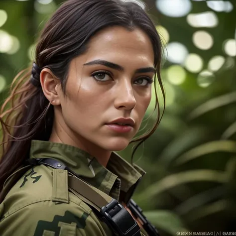 Closeup film still, of (young female SOF soldier from the 1980s), wearing tactical harness, (hiding in the jungle), (lush vegetation), (raining:0.8), dense jungle, toned body, beautiful face, seductive eyes, ((red war paint)), (highly detailed, hyperdetailed, intricate), edge lighting, prominent projected shadows, deep soft depth of field, photographed on a Fujifilm GFX 100, 24mm wide angle lens, F/8 aperture, sharp focus, (RAW), cinematic film still from First Blood