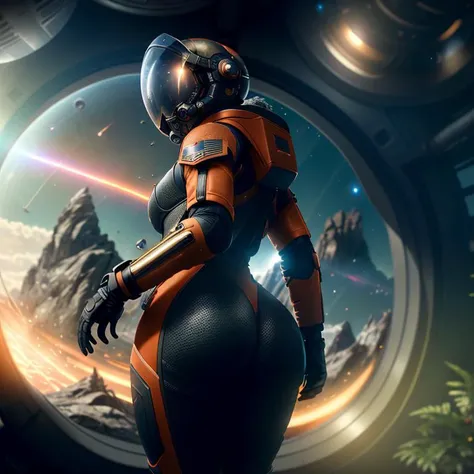 Highly detailed RAW color Photo, Rear Angle, Full Body, of (female space soldier, wearing orange and black space suit, helmet, tined face shield, rebreather, accentuated booty), outdoors, (looking up at advanced alien structure, on alien planet), toned body, big butt, (sci-fi), (mountains:1.1), (lush green vegetation), (two moons in sky:0.8), (highly detailed, hyperdetailed, intricate), (lens flare:0.7), (bloom:0.7), particle effects, raytracing, cinematic lighting, shallow depth of field, photographed on a Sony a9 II, 50mm wide angle lens, sharp focus, cinematic film still from Gravity 2013