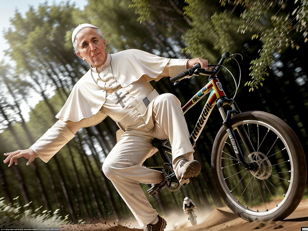 A very realistic picture of ((The Pope)) riding a bmx on a bike trail in the woods doing bike tricks, detailed bodies, dynamic, wide shot, mud in the air, extreme sport magazine style, high contrast saturated colors, photorealistic, dirt and dust in the air, race, mud on the face, close up of the bike, (realistic face), award winning photography