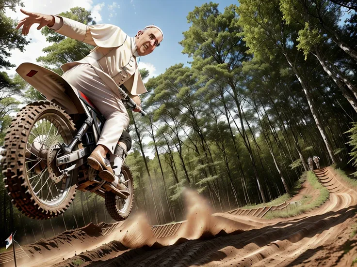 ((The Pope)) riding a dirt bike on a motocross track in the woods, very realistic, detailed faces, piercing on his face, detailed bodies, very realistic picture, dynamic, wide shot, mud in the air, jumping on a motorbike, summer, extreme sport magazine style, raw photo, raw colors, photorealistic