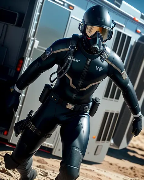 Professional Photo, full body shot, Navy Diver Officer, Dodging, Livestock farms and breeding centers, Armored ambulance, (highly detailed, fine details, intricate), shallow depth of field, diffused soft lighting, (reflections:0.3), (hard lighting:0.3), photographed on a Leica SL (Typ 601) Mirrorless Digital Camera, 90mm macro lens, f/11 aperture, sharp focus, HDR, 4k resolution, ((best quality)), ((masterpiece)), ((realistic)), sharp, ultra detailed, UHD, 8k, bright colors