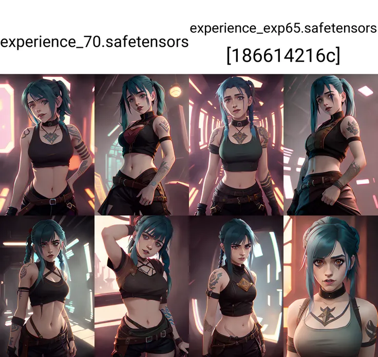 1girl, arm tattoo, asymmetrical bangs, bangs, blue hair, braid, brown shirt, cloud tattoo, looking at viewer, laughing, crazy, uncontrollable laugh, mad look, night, city, green hair, long hair, midriff, pink eyes, red lips, shirt, solo, standing, tattoo, twin braids, upper body, arcan3
