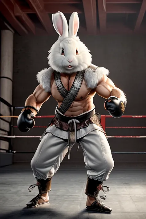 masterpiece, best quality, high quality, extremely detailed CG unity 8k wallpaper, Highly detailed RAW color Photo, full body portrait of a (muscular:0.3) (white fluffy (rabbit:1.1) (man:0.9):1.2), (shaolin monk:1.3), armored (shirt:1.4), armored (pants:1.4), robe, rabbit gloves, fully clothed, (kickboxing hand wraps:1.1), (kickboxing foot wraps:1.1), detailed fur, clear eyes, detailed face and eyes, fierce expression, dark Fantasy mountain landscape background, perfect hands, (Muay Thai stance:1.2), ominous aesthetic, award winning photography, sports photography, Chiaroscuro, Fresnel, raytracing, subsurface scattering, Depth of Field, HDR, bloom, Chromatic Aberration, particle effects, magic effects, red light, god rays, Photorealistic, extremely detailed, trending on artstation, trending on CGsociety, Intricate, High Detail, dramatic, art by midjourney, photographed on a Panavision Millennium DLX2, 70mm wide angle lens, sharp focus, focus on eyes, cinematic film still from Interstellar 2014