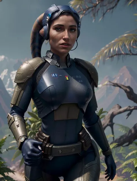 Highly detailed cinematic film still, Hip level shot, of (fit female alien blue twi'lek jedi, wearing high-tech Exo suit with pearl trim ), 1girl, running through the jungle, (lush vegetation), (mountains:1.1), (god rays:0.4), dense alien jungle, cheerful smirk, toned body, (muscular:1.1), (highly detailed, hyperdetailed, intricate), (lens flare:0.4), (bloom:0.5), particle effects, cinematic lighting, (soft lighting:0.6), prominent projected shadows, deep depth of field, (film grain:0.5), photographed on a Leica SL (Typ 601) Mirrorless Digital Camera, 50mm wide angle lens, F2.8 aperture, deep focus, (RAW), cinematic film still from Gravity 2013, <lora:Twi'lekV1:0.75>