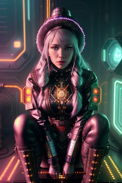 Highly detailed RAW color Photo, closeup shot, of (rebellious cyber Polish woman, wearing Slavic attire, ushanka, ((cybernetic arms:1, cybernetic legs:1))), (sitting on thrown in (cyberpunk) soviet union throne room), (Cyrillic tattoos), (elegant, beautiful face), (cyber futurism), digital, cables, laser lights, sparks, subsurface scattering, (detailed skin), (oil:0.6), (tesla coil:0.4), (Nixie tube:0.8), (highly detailed, hyperdetailed, intricate), (bloom:0.4), soft lighting, (side lighting:0.8), shadow casting, deep focus, photographed on a Leica 10772 M-P, 85mm macro lens, F/8 aperture, film still, (Cursed soldiers, rebellion)