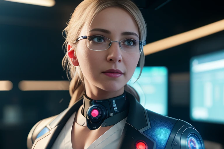 highly detailed RAW photo, photorealistic, photo real, of a cyber female doctor, eye glass, lab coat, button down shirt, holographic eyes, cyberpunk, cp2077, star citizen hospital, cyborg experimental hospital, subsurface scattering, dynamic lightning, laser lights, digital age, robotic arm hanging, sparks, robot factory, westworld, photographed on a Sony Alpha 1, 50mm wide angle lens, sharp focus, particle effects, raytracing, cinematic lighting, shallow depth of field, cinematic film still