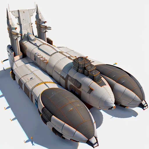 a highly detailed, (scifi)++, (futuristic)++, titan cargo spaceship, (full-length top view:1.5), 3d model, white background