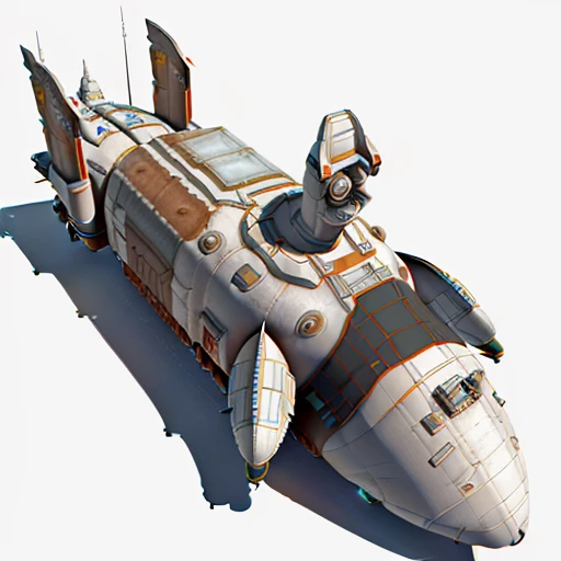 a highly detailed, (scifi)++, (futuristic)++, titan cargo spaceship, (full-length top view:1.5), 3d model, white background