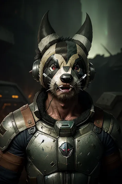 portrait of a half man- half badger creature in a post-apocalyptic spacesuit, (((badger head))),battle face, ((grim expression)), ((aggressive)), ((furry)), grunge, (35mm f10), damaged, muscle, god, elder, epic realistic, faded, (((hdr))), hyperdetailed, cinematic, warm lights, intricate details, muscle