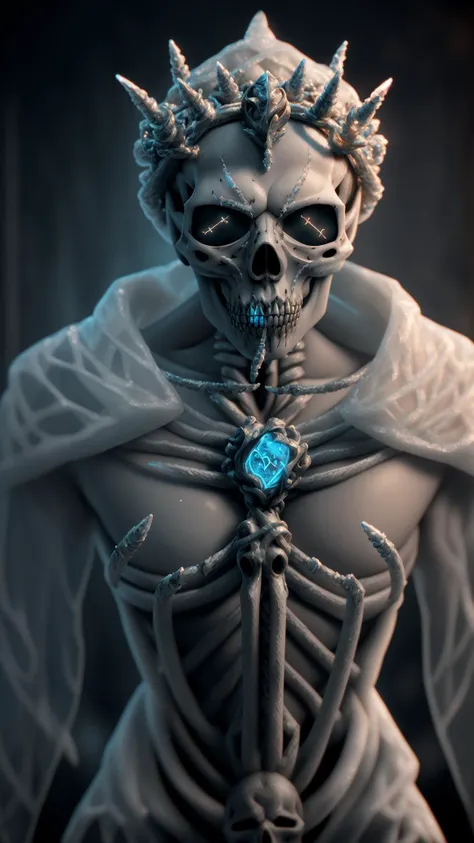 masterpiece, best quality, intricate detail, absurdres, a skeletonized man with bits of flesh hanging off his bones, his skull is covered in icicles and frost, intricate carving, wearing a face mask, glowing eye sockets, wearing a frozen blue crown, chromatic aberration, depth of field, professional photography, soft lighting, tone mapped, highly detailed, sharp focus, dramatic lighting, intricate details, cinematic, 8K, incredible shadows, realistic, (highly detailed background:1.0)