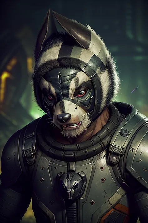 portrait of a half man- half badger creature in a post-apocalyptic spacesuit, (((badger head))),battle face, ((grim expression)), ((aggressive)), ((furry)), grunge, (close  up shot), damaged, muscle, god, elder, epic realistic, faded, (((hdr))), hyperdetailed, cinematic, warm lights, intricate details, muscle