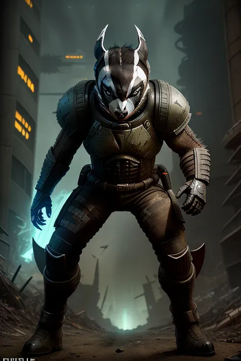 full body portrait of a half man- half badger creature in a post-apocalyptic spacesuit, (((badger head))),battle face, ((grim expression)), ((aggressive)), ((furry)), grunge, (wide shot), damaged, muscle, god, elder, epic realistic, faded, (((hdr))), hyperdetailed, cinematic, warm lights, intricate details, muscle