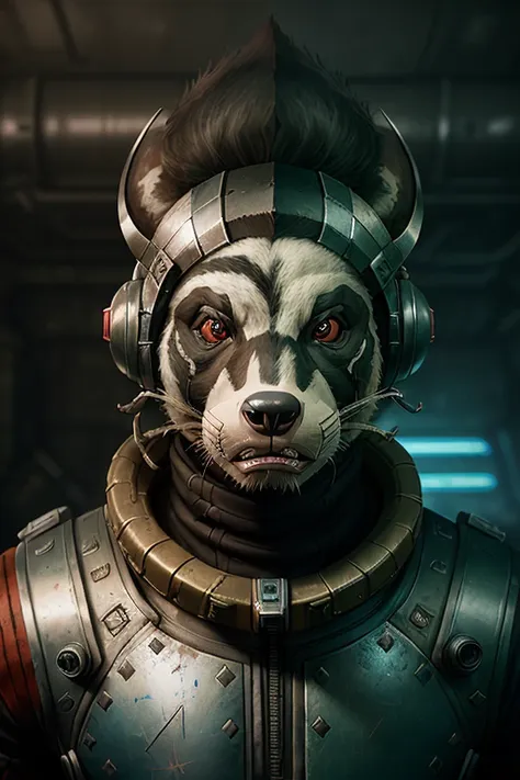 portrait of a half man- half badger creature in a post-apocalyptic spacesuit, (((badger head))),battle face, ((grim expression)), ((aggressive)), ((furry)), grunge, (35mm f10), damaged, muscle, god, elder, epic realistic, faded, (((hdr))), hyperdetailed, cinematic, warm lights, intricate details, muscle