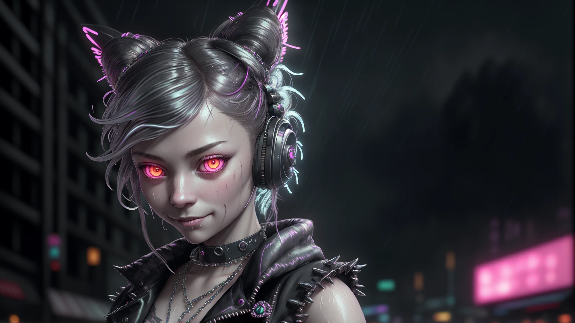 detailed hair, masterpiece, best quality, intricate detail, absurdres, A highly detailed portrait of a solo 1girl standing on a street corner, during a rainstorm with lightning strikes and a cloudy sky, neon and cyberpunk background, she is wearing punk clothes with silver chains and silver spikes, she has a butterfly wing hairclip in her wild hair, she has headphones and a necktie on, petite, detailed glowing red eyes with distinct pupils, ominous aura Halo, smile, punk, cyberpunk, backlighting, chromatic aberration, depth of field, professional photography, soft lighting, tone mapped, highly detailed, sharp focus, dramatic lighting, intricate details, cinematic, 8K, incredible shadows, realistic, (highly detailed background:1.0)