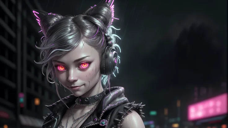 detailed hair, masterpiece, best quality, intricate detail, absurdres, A highly detailed portrait of a solo 1girl standing on a street corner, during a rainstorm with lightning strikes and a cloudy sky, neon and cyberpunk background, she is wearing punk clothes with silver chains and silver spikes, she has a butterfly wing hairclip in her wild hair, she has headphones and a necktie on, petite, detailed glowing red eyes with distinct pupils, ominous aura Halo, smile, punk, cyberpunk, backlighting, chromatic aberration, depth of field, professional photography, soft lighting, tone mapped, highly detailed, sharp focus, dramatic lighting, intricate details, cinematic, 8K, incredible shadows, realistic, (highly detailed background:1.0)