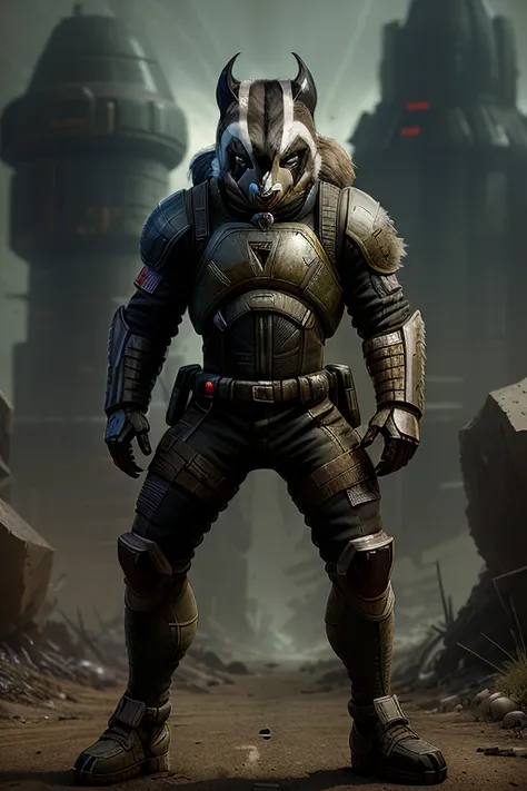 full body portrait of a half man- half badger creature in a post-apocalyptic spacesuit, (((badger head))),battle face, ((grim expression)), ((aggressive)), ((furry)), grunge, (wide shot), damaged, muscle, god, elder, epic realistic, faded, (((hdr))), hyperdetailed, cinematic, warm lights, intricate details, muscle