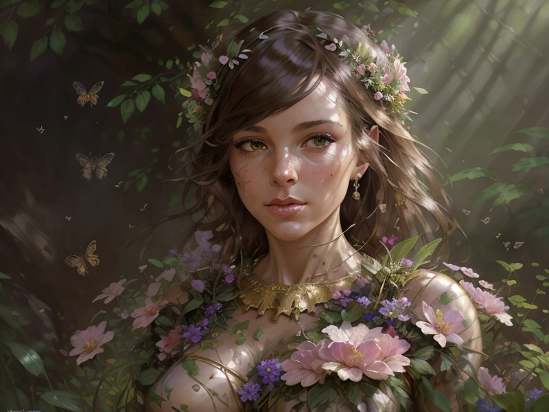 ((earth elemental)) made of soil and plants, nature goddess in a forest, surrounded by flowers and insects, flower petals, green trees and grass, animals, fruit, (extremely detailed CG 8k wallpaper), masterpiece, composition, oil on canvas, Norman Rockwell, Franz Xaver Winterhalter, Jeremy Mann, Artgerm, Ilya Kuvshinov, Agnes Cecile, Michael Garmash, intricate, high detail, sharp focus, dramatic, cinematic, volumetric lighting, professional majestic oil painting