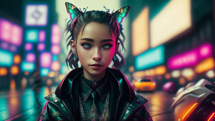 detailed hair, masterpiece, best quality, intricate detail, absurdres, A highly detailed portrait of a solo 1girl standing on a street corner, during a rainstorm with lightning strikes and a cloudy sky, neon and cyberpunk background, she is wearing punk clothes with silver chains and silver spikes, she has a butterfly wing hairclip in her wild hair, she has headphones and a necktie on, petite, detailed glowing red eyes with distinct pupils, ominous aura Halo, smile, punk, cyberpunk, backlighting, chromatic aberration, depth of field, professional photography, soft lighting, tone mapped, highly detailed, sharp focus, dramatic lighting, intricate details, cinematic, 8K, incredible shadows, realistic, (highly detailed background:1.0)
<hypernet:portraitHypernetworkFor_hypernetworkForProject:1>