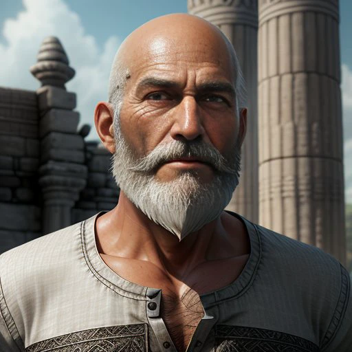 fantasy, high detail, RAW color photo, masterpiece, best quality, super detail, illustration, RPG, old man warrior, (fantasy), thin body, textured body, (detailed skin), (high detail, hyper detail, intricacy), ( gray beard: 1.4), full length, bald, (white shirt: 1.1), red eyes, ancient ruins in the background, Intricate, High detail, Sharp focus, Dramatic, Photorealism