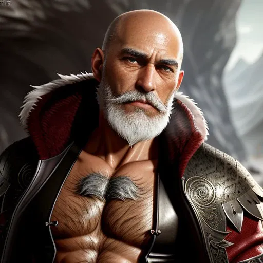 fantasy, high detail, RAW color photo, masterpiece, best quality, super detail, illustration, RPG, old man warrior, (fantasy), thin body, textured body, (detailed skin), (high detail, hyper detail, intricacy), ( gray beard: 1.4) bald, covered clothes, fur clothes, red eyes, background cave, Intricate, High detail, Sharp focus, Dramatic, Photorealism