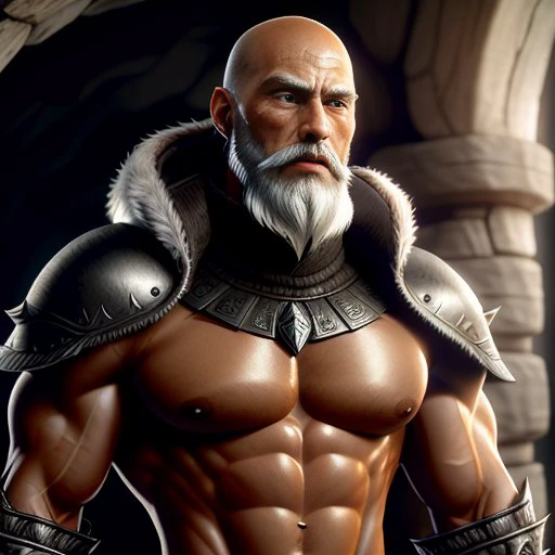 fantasy, high detail, RAW color photo, masterpiece, best quality, super detail, illustration, rpg, old man warrior, (fantasy), muscular body, sculpted body, (detailed skin), (high detail, hyper detail, intricacy), ( gray beard: 1.4) bald, covered clothes, fur clothes, red eyes, background cave, Intricate, High detail, Sharp focus, Dramatic, Photorealism