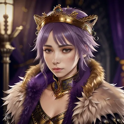 fantasy, high detail, RAW color photo, masterpiece, best quality, super detail, illustration, rpg, female queen, (fantasy), fur, cold, (detailed skin), (high detail, hyper detail, intricacy), (weeping: 1.4) Short purple hair, closed clothes, fur clothes, golden crown, iron throne, intricate, high detail, sharp focus, dramatic, photorealism