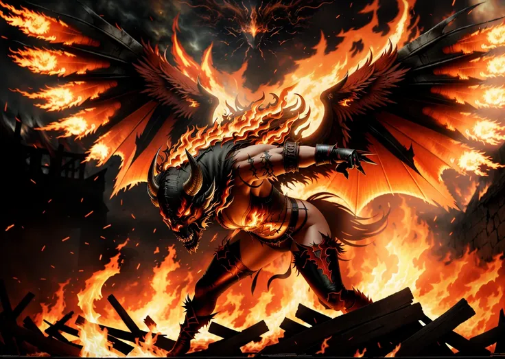 (Highly detailed RAW color Photo:1.2, photorealistic:1, ultra high res), (Masterpiece, Realistic), horror theme, (1 monster, solo, flying), (evil face), evil eyes, messy hair, perfect hand, long fingernails, look at viewer, (wearing fire around body, devil aura, extreame big devil wings, devil horn), destroyed medieval alley with fire background, long expose light, (fire and ash falling:1.35) trending on ArtStation, trending on CGSociety, Intricate, High Detail, Sharp focus