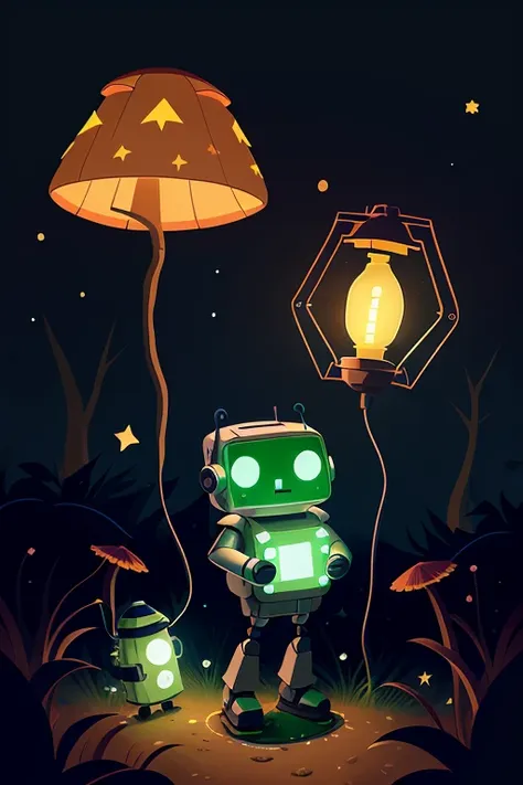 A 2d cartoon of a cute robot with a lantern and a backpack, concept art, standing in front of a dark forest with stars and glowing mushrooms, stylized with simple shapes, flat colors, and exaggerated features