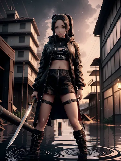 (Anime young girl:1.2) in a black coat against the background of destroyed houses and flooded streets,cool cyberpunk avtar,
holding a katana sword in her hand and looking at the camera ,4K , Beautiful oriental background photo,, Girl, tracksuit, winter woods, blood, snowfall, demons, background blur, winter, 8k, 8k hyper Realistic, Unreal Engine 5, hyper Realistic, Realistic, moution blur, violents hair,