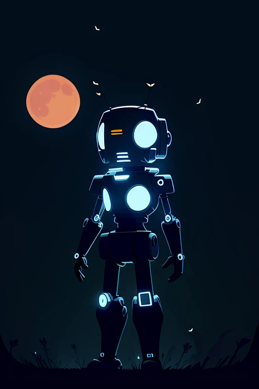 A 2d cartoon of a cute robot, concept art, standing in front of a shadowy forest with moonlight and fireflies, stylized with simple shapes, flat colors, and exaggerated features