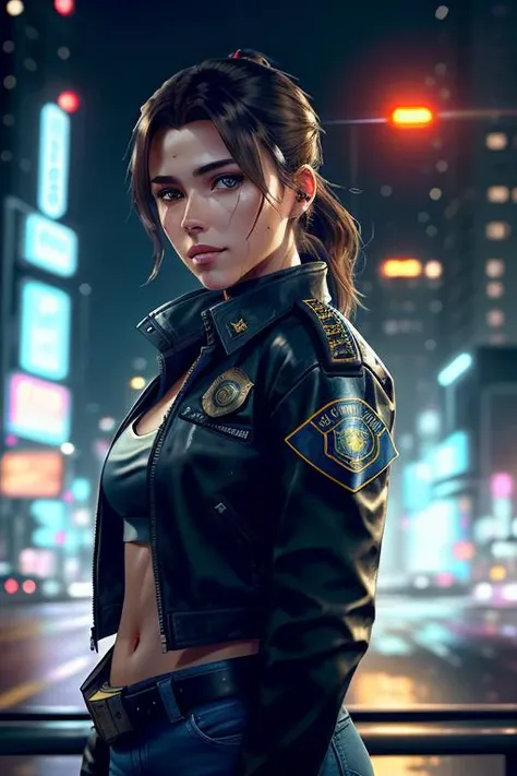Portrait of a beautiful female model, georgia fowler, beautiful face, with short dark brown hair, in cyberpunk city at night. She is wearing a leather jacket, black jeans, ponytail hair, dramatic lighting, watercolor style , (police badge:1.2) , ("Yoji Shinkawa":1.2)
