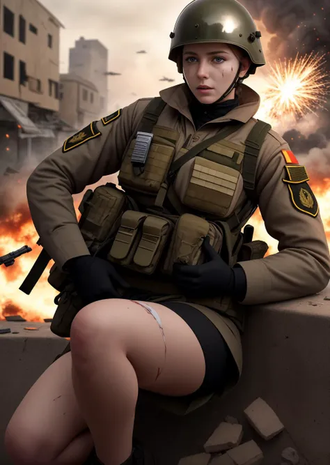 (Highly detailed RAW color Photo:1.2, photorealistic:1, ultra high res:1), (Masterpiece:1, Realistic:1), severely wounded woman, wearing russian soldier uniform, tactical helmet, bare handed, serious mood, Explosion around, urban war background, (extremely detailed 64k wallpaper), rim light