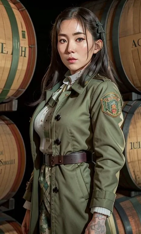 postapocalypse, High detail RAW color Photo, full body, of (beautifu 32 y.o. slim woman, wearing green military coat), (standing on wine barrels in a carbin), (Cyrillic tattoos), (elegant, beautiful face), (retrofuturism), (detailed skin), (oil:0.6), (tesla coil:0.4), (Nixie tube:0.8), (highly detailed, hyperdetailed, intricate), (bloom:0.4), soft lighting, (side lighting:0.8), shadow casting, deep focus, photographed on a Leica 10772 M-P, 85mm macro lens, F/8 aperture, film still, (Cursed soldiers, rebellion) <lora:irene_V70:1>