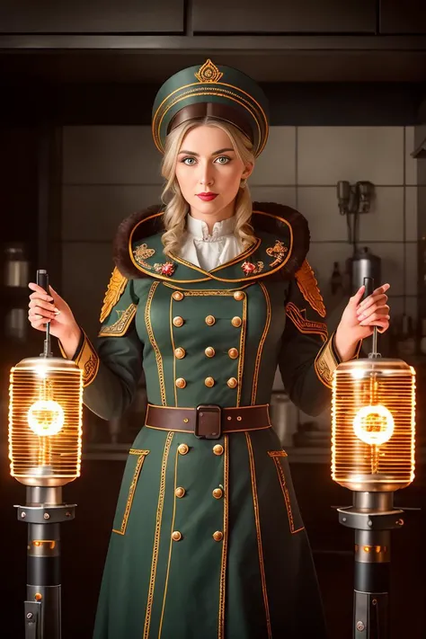 postapocalypse, High detail RAW color Photo, closeup shot, of (rebellious 1950s Polish woman, wearing Slavic attire, military Cossack Ushanka), (standing in (Atompunk) soviet union kitchen), (Cyrillic tattoos), (elegant, beautiful face), (retrofuturism), perfect hands, alluring eyes, mechanical, gears, (detailed skin), (oil:0.6), (tesla coil:0.4), (Nixie tube:0.8), (highly detailed, hyperdetailed, intricate), (bloom:0.4), soft lighting, (side lighting:0.8), shadow casting, deep focus, photographed on a Sony a9 II, 100mm macro lens, F/8 aperture, film still, (Cursed soldiers, rebellion)