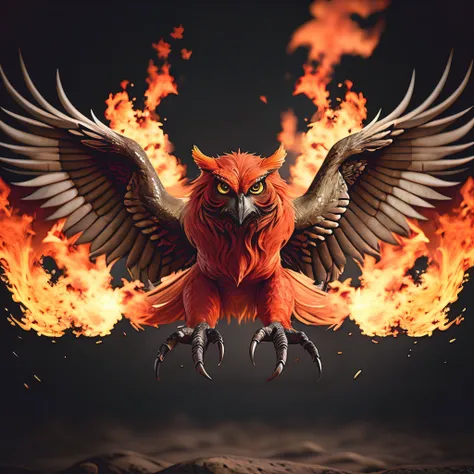 photo realistic owl with flame phoenix feathers, animal, oak-tree, wings on fire, phoenix wings, 50mm wide angle lens, F2.8 aperture, deep focus