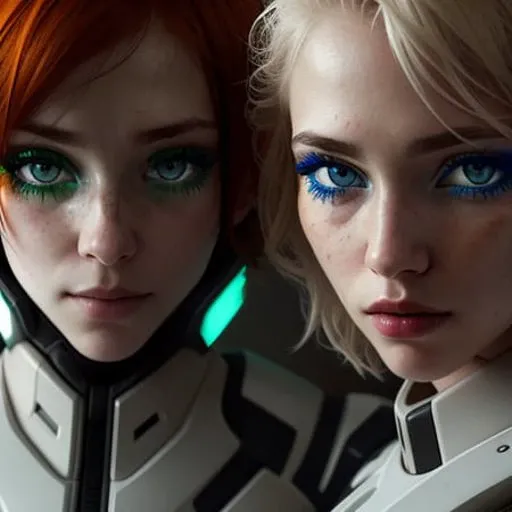 Tinted photograph, Tiltshift, Rule of thirds, two women, perfect faces, detailed skin, r/eyes, white exo suit ADDCOMM
orange hair, green eyes, pale, smile  ADDCOL
blond hair, blue eyes, red lipstick, frown