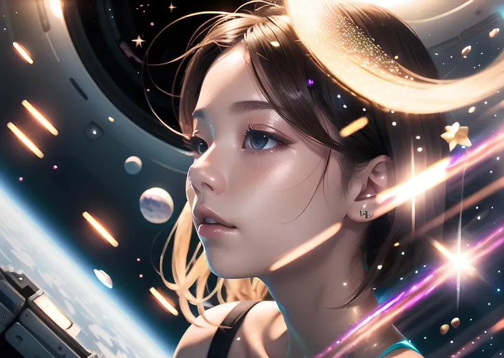 (ultra realistic 8k 32K HDR Photo, flawless, clean, masterpiece, professional artwork, famous artwork, cinematic lighting, cinematic bloom, soft lighting, indirect lighting), (1girl floating in space:1.4), universe, (closeup on face:1.5), beautiful eyes, (beautiful asian:1), short messy hair, (no gravity:1.3), stars background, beautiful, stunning, cosmic, out of this world, fantasy, body, side view, peaceful, floating hair, bliss, relaxed muscles, open eyes, void, glittery skin, cheekbone highlight, shiny skin, sparkle particles, looking at viewer, blushing, bokeh, low aperture lens, sparkling skin