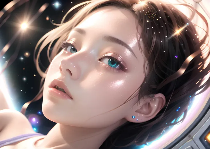 (ultra realistic 8k 32K HDR Photo, flawless, clean, masterpiece, professional artwork, famous artwork, cinematic lighting, cinematic bloom, soft lighting, indirect lighting), (1girl floating in space:1.4), universe, (closeup on face:1.5), beautiful eyes, (beautiful asian:1), short messy hair, (no gravity:1.3), stars background, beautiful, stunning, cosmic, out of this world, fantasy, body, side view, peaceful, floating hair, bliss, relaxed muscles, open eyes, void, glittery skin, cheekbone highlight, shiny skin, sparkle particles, looking at viewer, blushing, bokeh, low aperture lens, sparkling skin